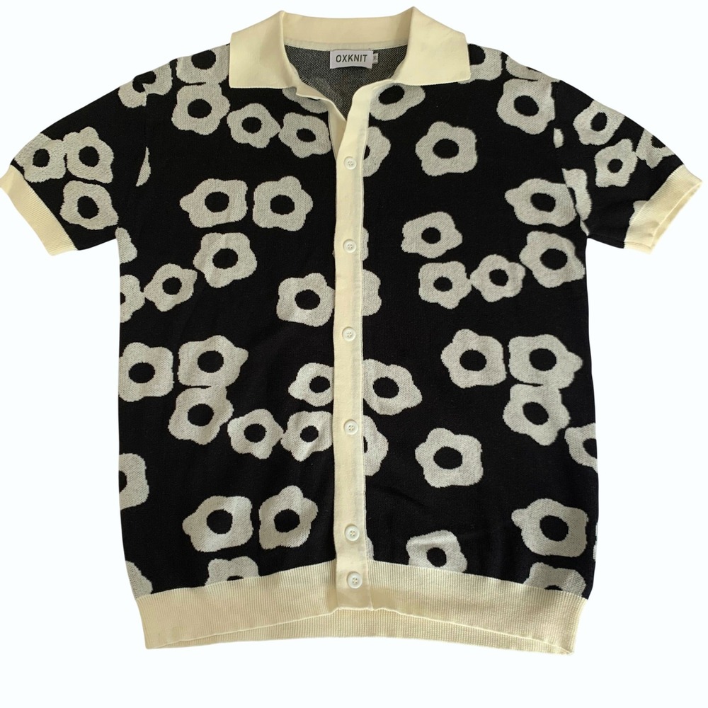 OXKNIT Floral Polo Shirt Men XL Black Cream Daisy Knit Button Down Retro Mod